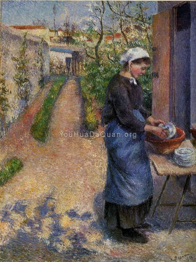 Young Woman Washing Plates - 卡米耶·毕沙罗